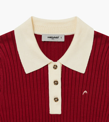 Head Golf Womens Pointelle Rib Long Sleeve Knit Polo - Red-Cactus